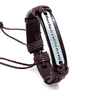 Adjustable Cowhide Cord Bracelets for Men, Antique Silver Tone Rectangle Word Alloy Links Bracelets, Coconut Brown, 6-3/4~7-1/8 inch(17~18cm)
