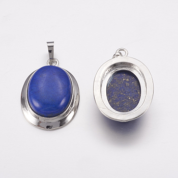 Natural Lapis Lazuli Pendants, with Platinum Tone Alloy Findings, Oval, 37x25x10mm, Hole: 4x8mm