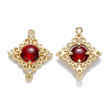 Glass Links connectors, with Eco-Friendly Alloy Open Back Berzel Findings and Clear Cubic Zirconia, Rhombus, Nickel Free, Light Gold, Dark Red, 23.5x19x4.5mm, Hole: 1.2mm