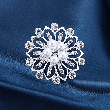 Platinum Alloy Rhinestone Brooches for Women, with Plastic Pearl, Flower, 43x45mm