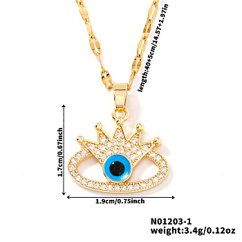 Fashionable Hip-hop Style Brass Full Crystal Rhinestone Crown Blue Evil Eye Pendant Dapped Chain Necklaces for Women, Golden, 15.75 inch(40cm)