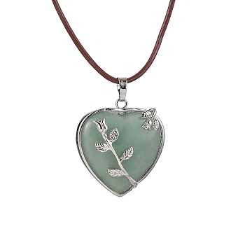Natural Green Aventurine Heart Pendant Necklace with Cowhide Leather Cords, 20-1/8 inch(51cm)