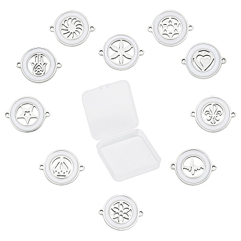SUNNYCLUE 304 Stainless Steel Enamel Links Connectors, Flat Round with Mixed Patterns, Stainless Steel Color, 14.5x18.5x2mm, Hole: 1.2mm, 10 patterns, 1pc/Pattern, 10pcs/box