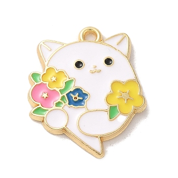 Alloy Enamel Pendants, Golden, Cat with Flower Charm, White, 26x25x2.8mm, Hole: 2mm