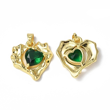 Brass Micro Pave Cubic Zirconia Pendants, Real 18K Gold Plated, Heart Charm, Green, 20x18.5x5mm, Hole: 4.5x2mm