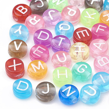Transparent Acrylic Beads, Horizontal Hole, Mixed Letters, Flat Round, Mixed Color, 7x4mm, Hole: 1.5mm, about 370pcs/50g