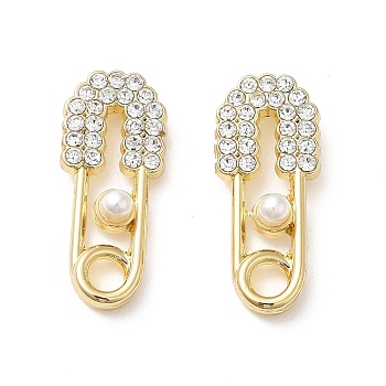 Alloy Rhinestone Stud Earring Findings, with Plastic Pearl Beaded & 925 Sterling Silver Pins & Horizontal Loop, Safety Pin Shape, Golden, 19.5x8.5x3.5mm, Hole: 3mm, Pin: 0.6mm