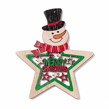 Christmas Spray Painted Wood Big Pendants, Snowman with Star, Colorful, 100x84.5x3mm, Hole: 2.5mm