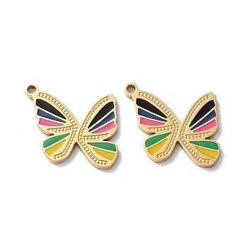 Ion Plating(IP) 304 Stainless Steel Pendants, with Enamel, Butterfly Charm, Golden, 13.5x15.5x1.5mm, Hole: 1.4mm
