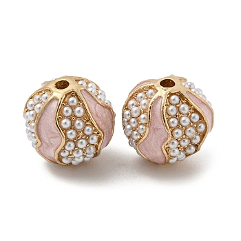 Alloy Enamel Beads, with ABS Plastic Imitation Pearl, Round, Golden, Pink, 13mm, Hole: 2mm
