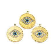 304 Stainless Steel Pendants, with Rhinestone, Flat Round with Eye Charm, Golden, 18.5x16x2mm, Hole: 1.5mm(STAS-A168-04G)