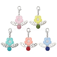 Acrylic Flower Pendant Decoration, with Polymer Clay Rhinestone Beads and Zinc Alloy Lobster Claw Clasps, Mixed Color, 52mm(HJEW-JM01312)