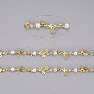 Handmade Brass Beaded Chains, with Brass Charms, Glass Imitation Pearl and Spool, Soldered, Long-Lasting Plated, Star, White, Golden, 10.5x3.2x3mm, 3.5x2.5x0.3mm, about 32.8 Feet(10m)/roll(CHC-I029-05G)