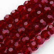 Transparent Glass Bead Strands, Imitate Austrian Crystal, Faceted(32 Facets), Round, Dark Red, 4mm, Hole: 1mm, about 96~100pcs/strand, 14~14.5 inch(GLAA-G013-4mm-97)