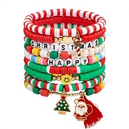 9Pcs 9 Style Word Happy Christmas Handmade Polymer Clay Heishi Surfer Stretch Bracelets Set with Acrylic Pearl, Preppy Bracelet with Enamel Christmas Tree & Santa Claus Charm for Women, Mixed Color, Inner Diameter: 2-1/8 inch(5.5cm), 1Pc/style(sgBJEW-SW00070)