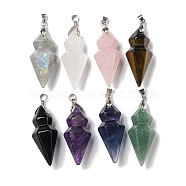 Natural Mixed Stone Pointed Pendants, Faceted Bullet Shaped Charms with Rack Plating Brass Snap on Bails, Platinum, Cadmium Free & Lead Free, 43x14mm, Hole: 4x5mm(G-F766-08AS)