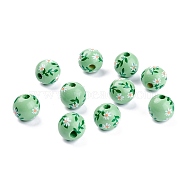 Spray Painted Natural Wood Beads, Round with Flower Pettern, Green, 15.5mm, Hole: 3~5mm(WOOD-P015-C01)