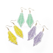 Japanese Seed Braided Feather Dangle Earrings, Brass Wire Wrap Long Drop Earrings for Women, Mixed Color, 75mm, Pin: 0.6mm(EJEW-MZ00001)