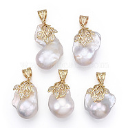 Natural Baroque Pearl Keshi Pearl Pendants, Brass Micro Pave Clear Cubic Zirconia Nuggets Charms with Snap On Bails, Lead Free & Nickel Free & Cadmium Free, Long-Lasting Plated, Real 18K Gold Plated, 29.5~40x19~24x15~17.5mm, Hole: 8x5mm(PEAR-N020-J24)
