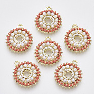 Alloy Pendants, with Plastic Imitation Pearl and Brass Bead Chains, Flat Round, Light Gold, Salmon, 22.5x19.5x4.5mm, Hole: 1.8mm(X-PALLOY-S177-73A)