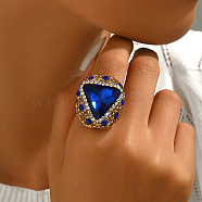 Unique Brass Triangle Ring with Rhinestone for Women, Blue, Inner Diameter: 16~18mm(HQ8887-3)