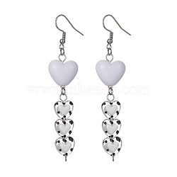 Acrylic & Glass Heart with Enamel Dangle Earrings, 304 Stainless Steel Long Drop Earrings, White, 87x18.5mm(EJEW-JE05415-02)