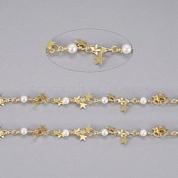 Handmade Brass Beaded Chains, with Brass Charms, Glass Imitation Pearl and Spool, Soldered, Long-Lasting Plated, Star, White, Golden, 10.5x3.2x3mm, 3.5x2.5x0.3mm, about 32.8 Feet(10m)/roll(CHC-I029-05G)