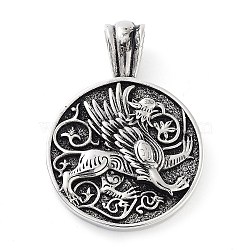 304 Stainless Steel Pendants, Flat Round with Griffin Charm, Antique Silver, 45x32x5.5mm, Hole: 6.5x6mm(STAS-R225-06AS)