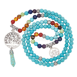 Synthetic Turquoise Bullet & Alloy Tree & Lotus Stone Pendant Necklace, Mixed Stone 108 Buddhist Prayer Beads Necklace, 34.65 inch(88cm)(NJEW-AB00016-01)
