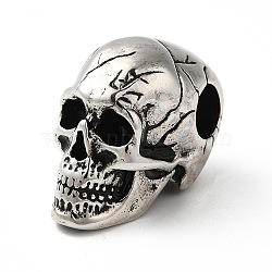 304 Stainless Steel Beads, Large Hole Beads, Skull, Antique Silver, 29x15x20mm, Hole: 7mm(STAS-M321-09AS)