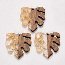 Transparent Resin & Walnut Wood Pendants, Tropical Leaf Charms, with Gold Foil, Waxed, Monstera Leaf, Gold, 30x28x3.5mm, Hole: 2mm(RESI-S358-24-D01)