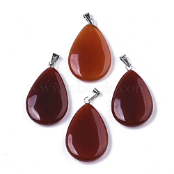 Natural Carnelian/Red Agate Pendants, Dyed & Heated, with Stainless Steel Snap On Bails, Teardrop, 32~33x20~21x5~6mm, Hole: 6x3mm(X-G-N0325-04)