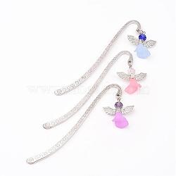 Tibetan Style Alloy Bookmarks/Hairpins, with Glass Beads, Acrylic Beads and Alloy Findings, Lovely Wedding Dress Angel Dangle, Mixed Color, 84x13x1mm(AJEW-JK00113)