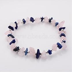 Gemstone Stretch Bracelets, with Iron Findings, Silver Color Plated Natural Lapis Lazuli(Dyed) and Rose Quartz Beads, Blue and Pink, 55mm(BJEW-JB02414-03)