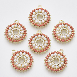 Alloy Pendants, with Plastic Imitation Pearl and Brass Bead Chains, Flat Round, Light Gold, Salmon, 22.5x19.5x4.5mm, Hole: 1.8mm(X-PALLOY-S177-73A)