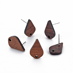 Walnut Wood Stud Earring Findings, with 304 Stainless Steel Pin, Teardrop, Coconut Brown, 17.5x11mm, Hole: 1.6mm, Pin: 0.6mm(WOOD-S054-50)