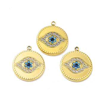 304 Stainless Steel Pendants, with Rhinestone, Flat Round with Eye Charm, Golden, 18.5x16x2mm, Hole: 1.5mm