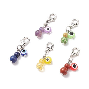 Gemstone Beaded Gourd Feng Shui Pendant Decorations, Evil Eye Lobster Clasp Charms, Clip-on Charms, for Keychain, Purse, Backpack Ornament, Stitch Marker, 37mm