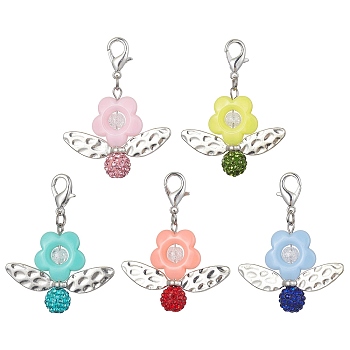 Acrylic Flower Pendant Decoration, with Polymer Clay Rhinestone Beads and Zinc Alloy Lobster Claw Clasps, Mixed Color, 52mm
