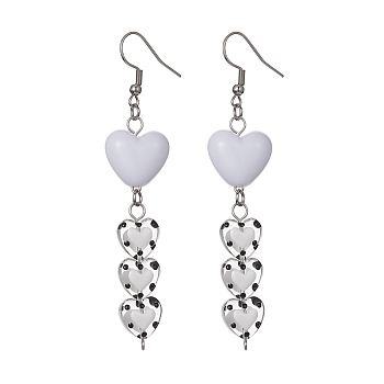 Acrylic & Glass Heart with Enamel Dangle Earrings, 304 Stainless Steel Long Drop Earrings, White, 87x18.5mm