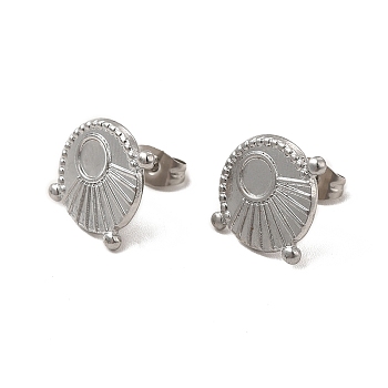 304 Stainless Steel Stud Earring Cabochon Settings, Flat Round with Sun, Stainless Steel Color, Tray: 4mm, 14x16mm, Pin: 0.8mm