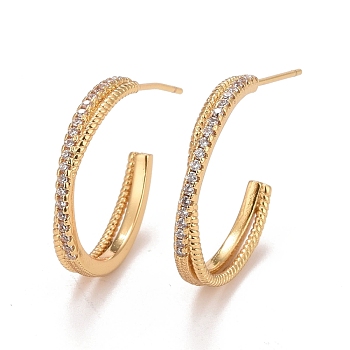 Clear Cubic Zirconia Stud Earrings, Brass Half Hoop Earrings for Women, Cadmium Free & Nickel Free & Lead Free, Real 18K Gold Plated, 20.5x3.5mm, Pin: 0.7mm