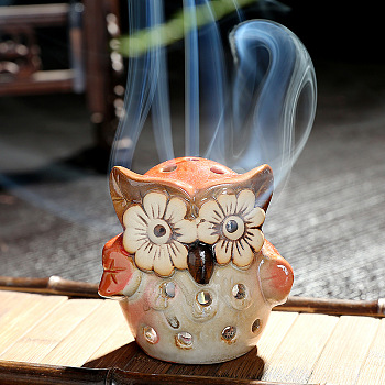 Ceramic Candle Holder Oil Burner, Essential Oil Incense Aroma Diffuser, Owl Shape, Sandy Brown, 7.4x7.5cm
