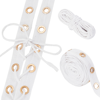 5 Yards Cotton Ribbons with Eyelet Rings, with 10M Cotton String Threads, for DIY Crafts, White, 3~25x2~3mm