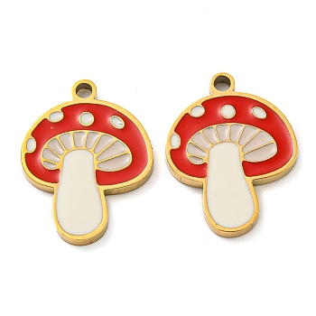 316 Surgical Stainless Steel Pendants, with Enamel, Mushroom Charm, Golden, Floral White, 16x12x1.5mm, Hole: 1.3mm