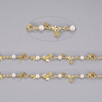 Handmade Brass Beaded Chains, with Brass Charms, Glass Imitation Pearl and Spool, Soldered, Long-Lasting Plated, Star, White, Golden, 10.5x3.2x3mm, 3.5x2.5x0.3mm, about 32.8 Feet(10m)/roll