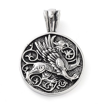304 Stainless Steel Pendants, Flat Round with Griffin Charm, Antique Silver, 45x32x5.5mm, Hole: 6.5x6mm