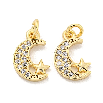 Brass Micro Pave Clear Cubic Zirconia Charms, Moon, Star, 13x8.5x1.5mm, Hole: 2.5mm