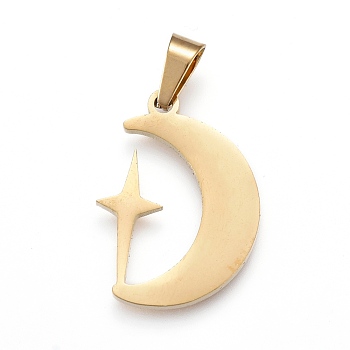 304 Stainless Steel Pendants, Laser Cut, Moon with Star, Golden, 20x15x1.5mm, Hole: 3x5mm