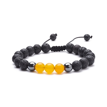 Natural Malaysia Jade(Dyed) & Lava Rock & Synthetic Hematite Braided Bead Bracelet, Essential Oil Gemstone Jewelry for Women, Yellow, Inner Diameter: 2-1/8~3-1/4 inch(5.4~8.3cm)
